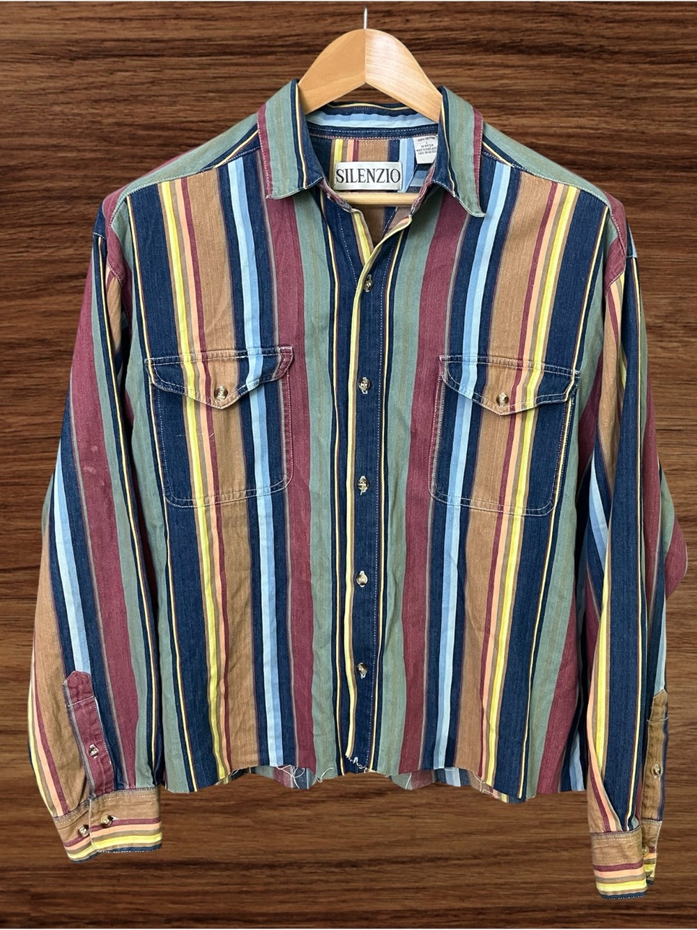 Silenzio Vintage Multicolor Striped Rugged Cutoff Button Up Shirt Size Large